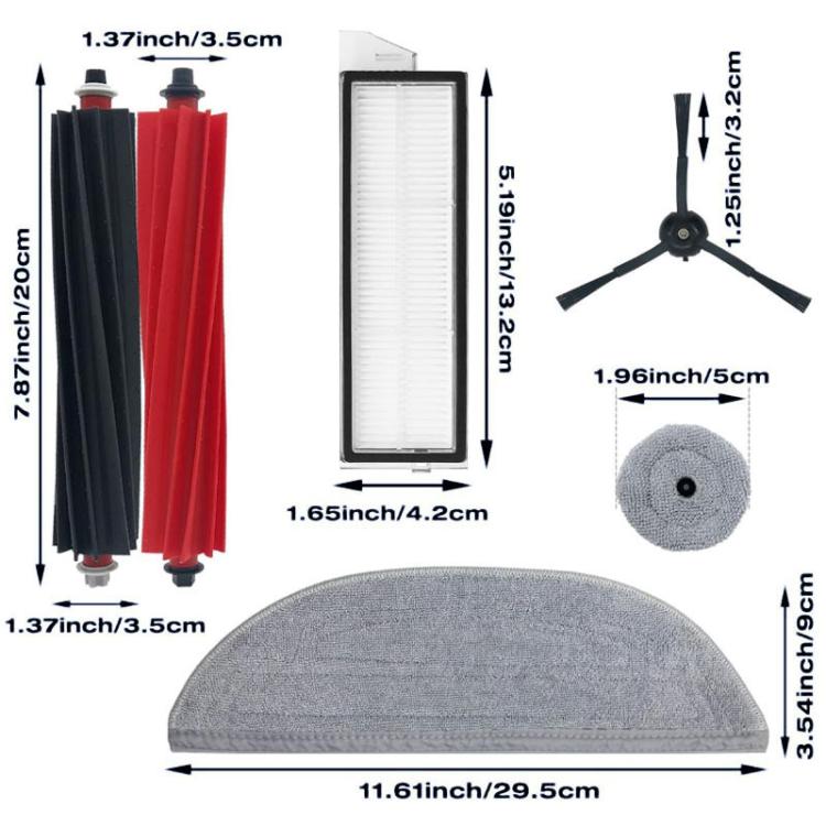 Robot vacuum replacement kit components with red and black roller brushes, filter, and pad