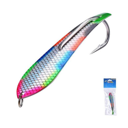 Rainbow scale spinnerbait lure with green top fin and silver treble hooks