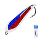 Red and blue textured spinnerbait lure with silver treble hook and metal ring