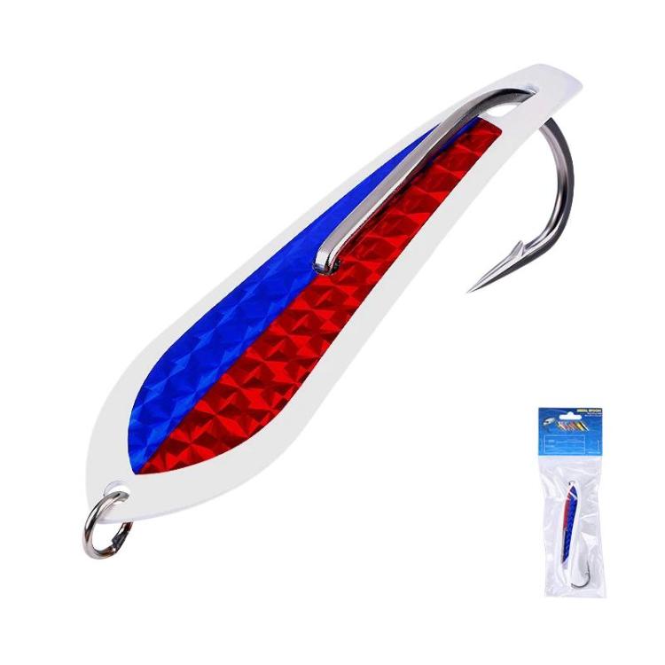 Red and blue textured spinnerbait lure with silver treble hook and metal ring