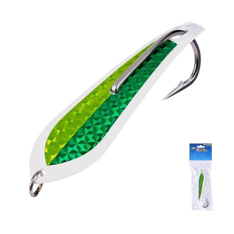 Green and lime textured spinnerbait lure with silver treble hook and metal ring