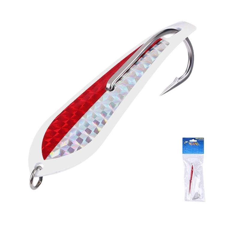 Red and silver holographic spinnerbait lure with silver treble hook and metal ring