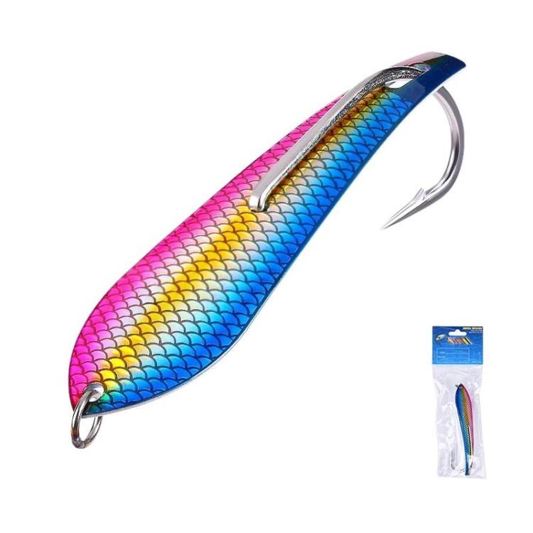 Multicolor rainbow scale spinnerbait lure with silver treble hooks and metal ring