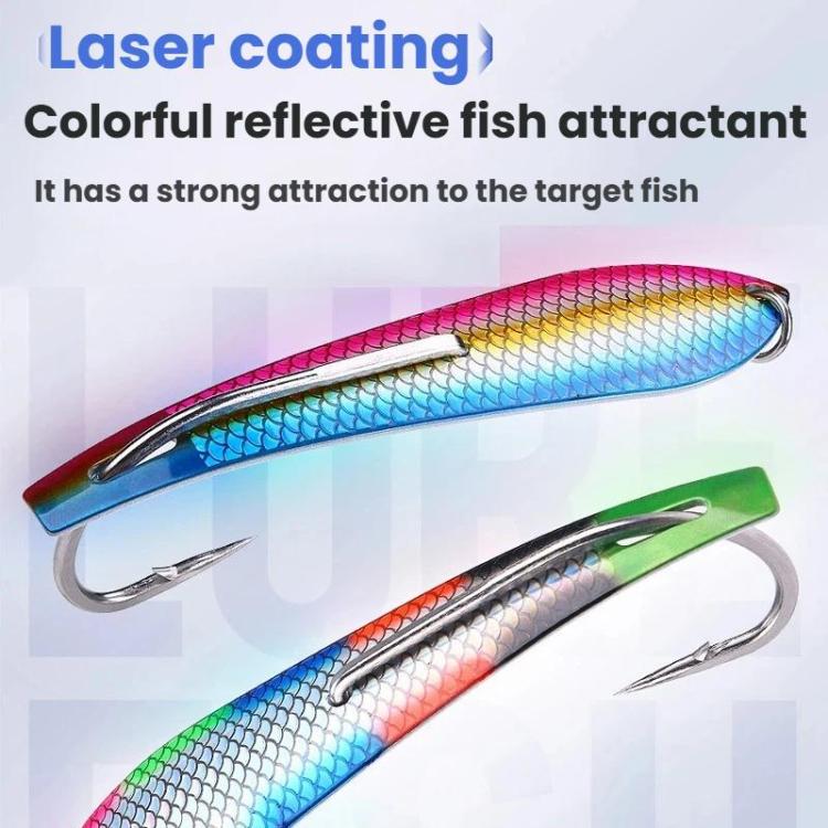 Two reflective spinnerbait lures with treble hooks, green and red accent bodies
