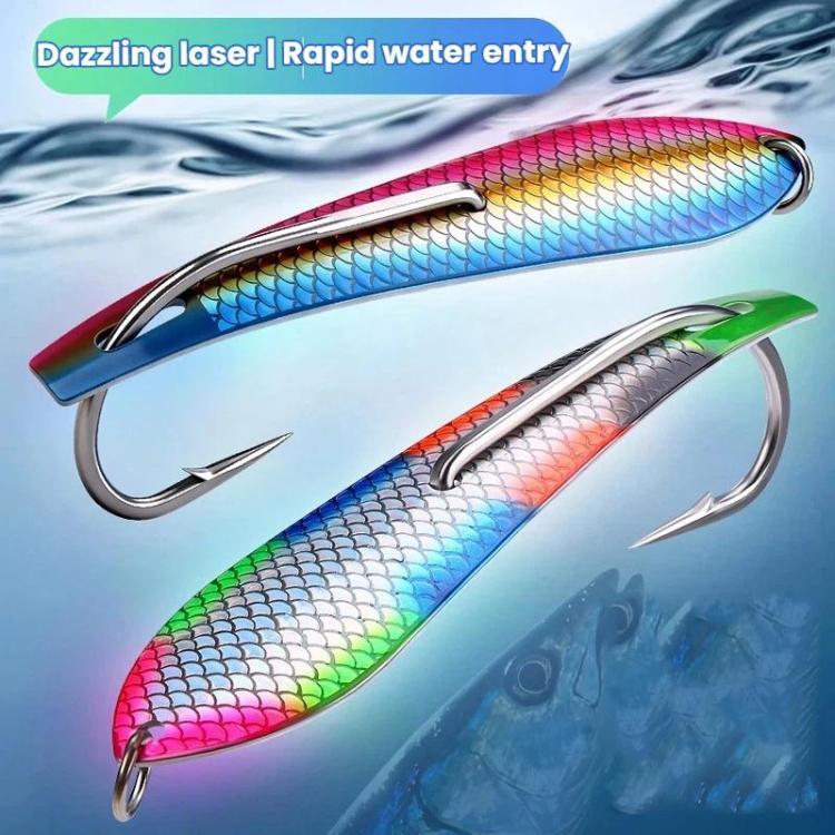 Two reflective spinnerbait lures with treble hooks, pink-blue and green-blue bodies