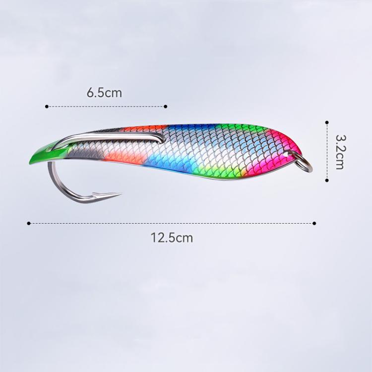 Rainbow holographic spinnerbait lure with silver hook and blade, fish-scale pattern