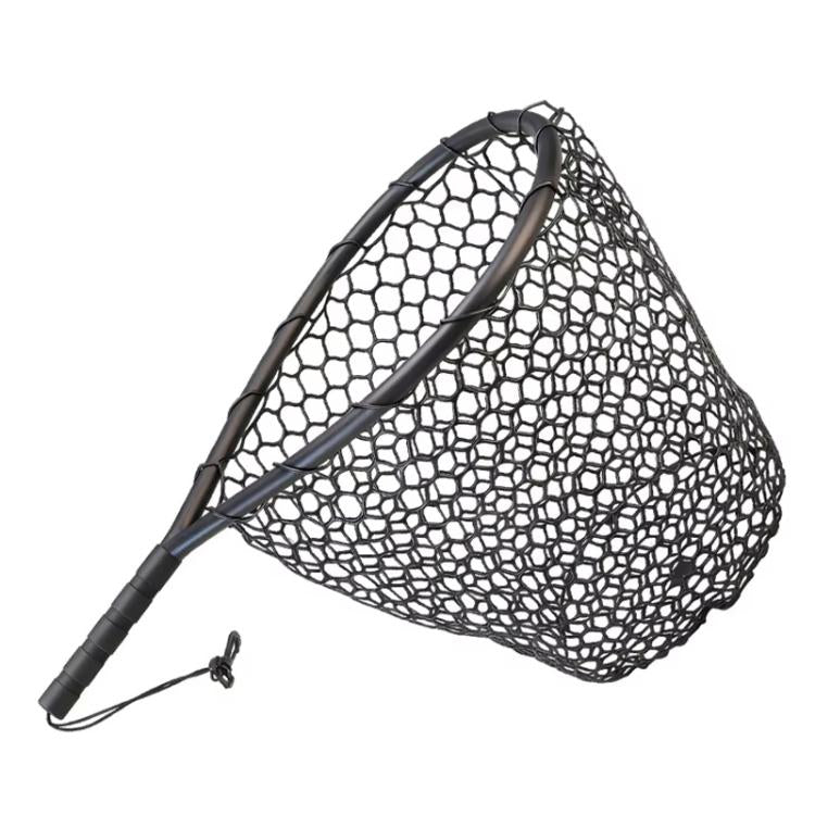 Black silicone honeycomb landing net with long handle and hexagonal mesh bag