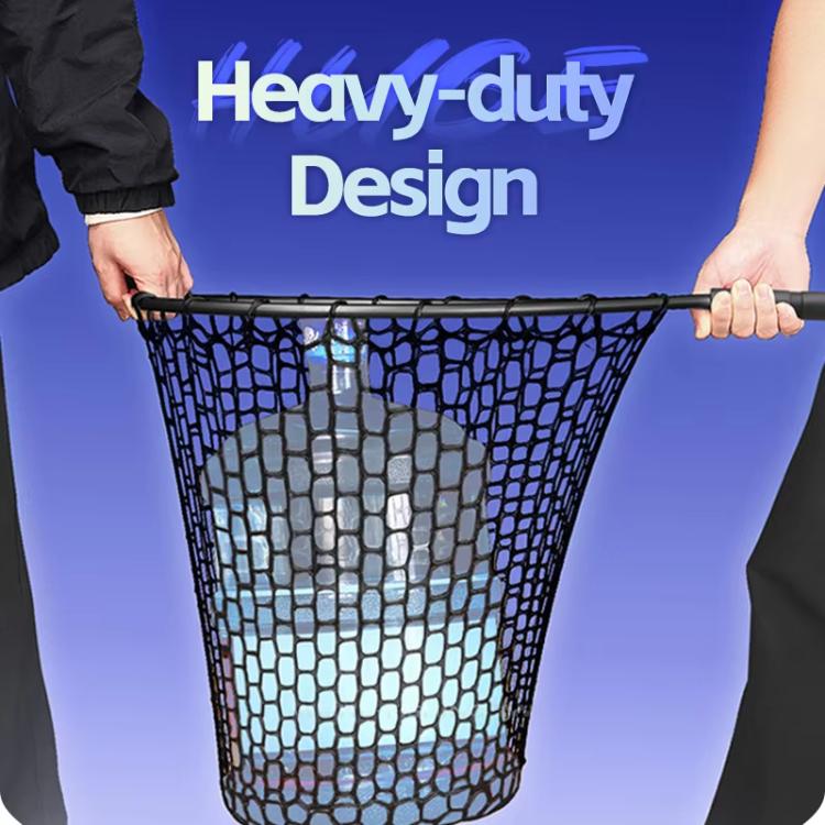 Black mesh landing net held open with long handle and secure rim