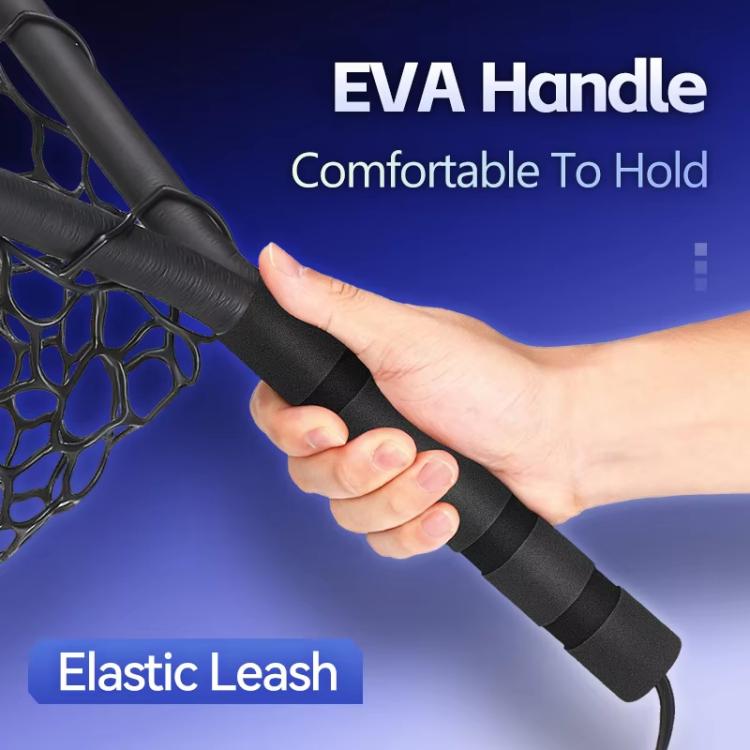 Black EVA handle landing net with elastic leash and hexagonal mesh net bag