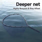 Black landing net floating on water with shallow oval mesh bag