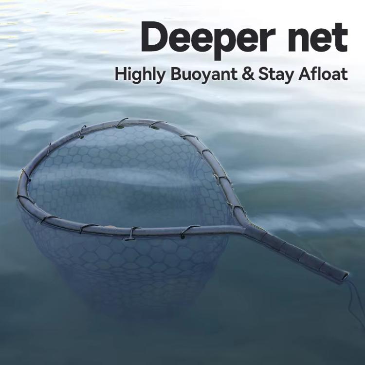 Black landing net floating on water with shallow oval mesh bag