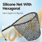 Black silicone honeycomb landing net with hexagonal mesh and long handle