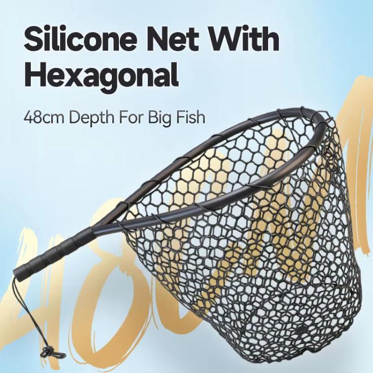 Black silicone honeycomb landing net with hexagonal mesh and long handle