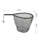 Black landing net with hexagonal mesh bag and long handle, shown with dimensions