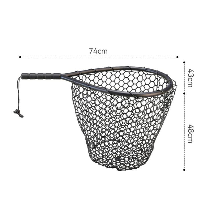 Black landing net with hexagonal mesh bag and long handle, shown with dimensions