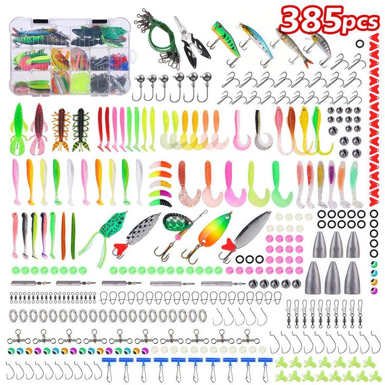 Fishing lure set, 385-piece multi-jointed crankbaits and hooks laid out