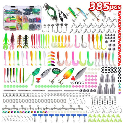 Fishing lure set, 385-piece multi-jointed crankbaits and hooks laid out