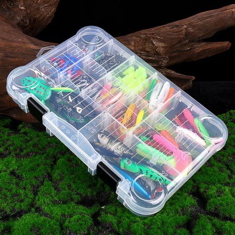 Clear tackle box with assorted multi-jointed minnow crankbaits and hook lures