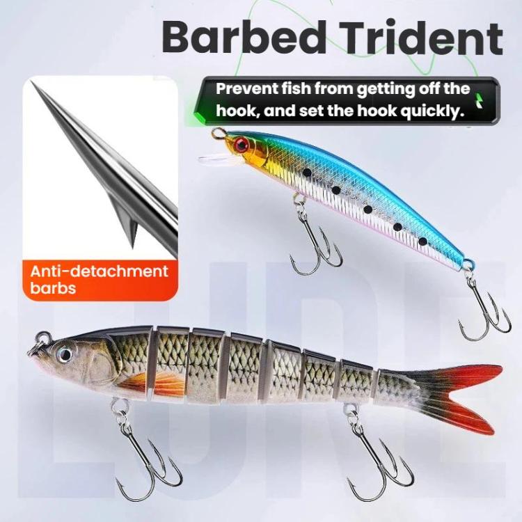Blue-green barbed treble-hook crankbait lure with segmented body and red tail