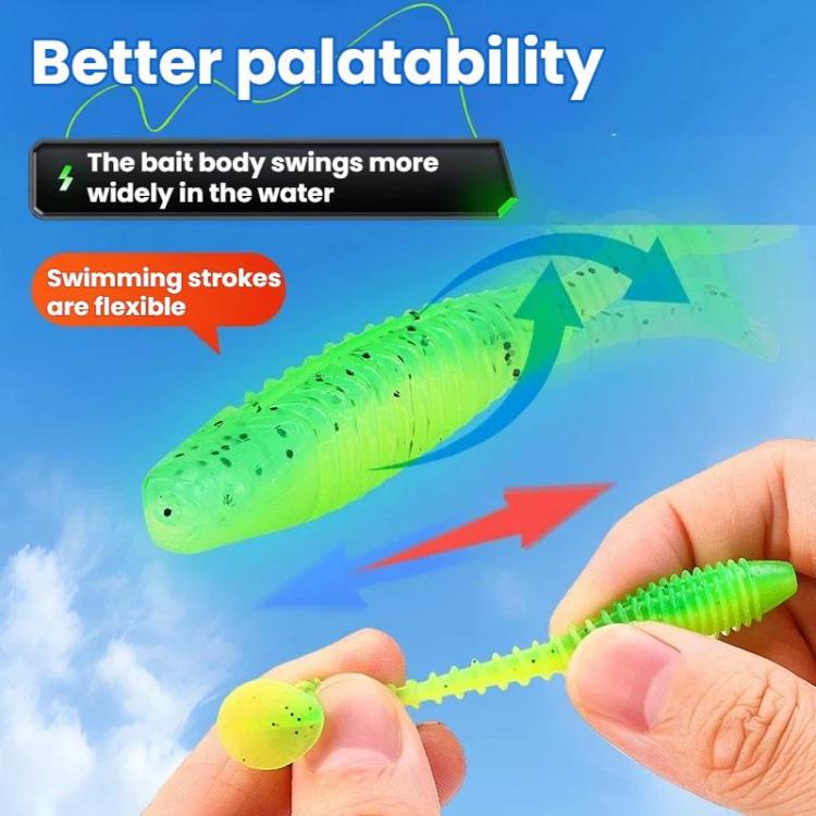 Bright green soft fishing lure with head bait and flexible segmented body