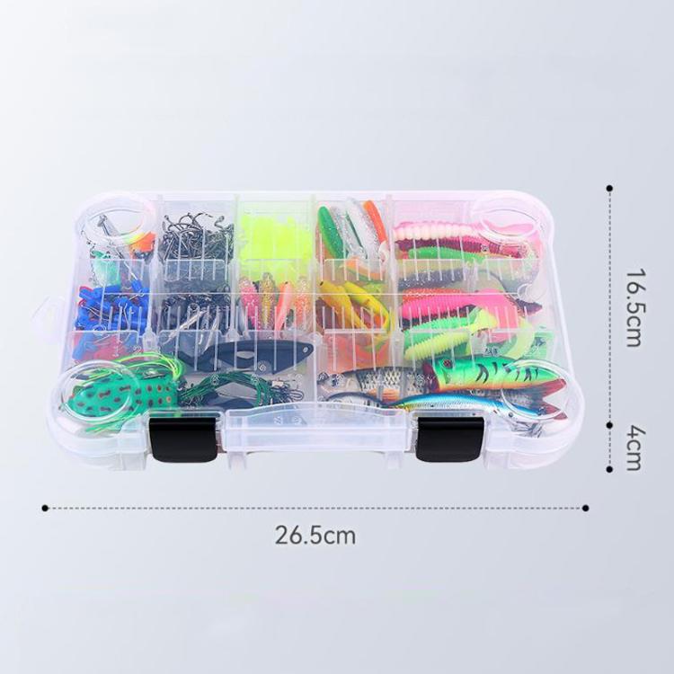 Clear 385-piece fishing lure tackle box with assorted lures and hooks, size view