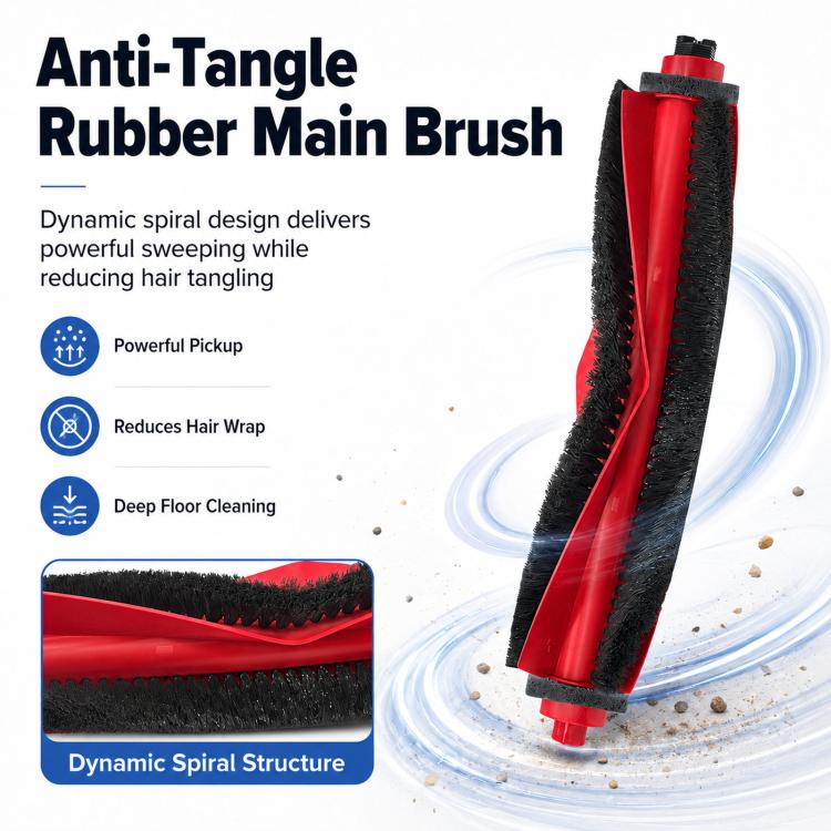 Anti-tangle red and black rubber main brush for robot vacuum