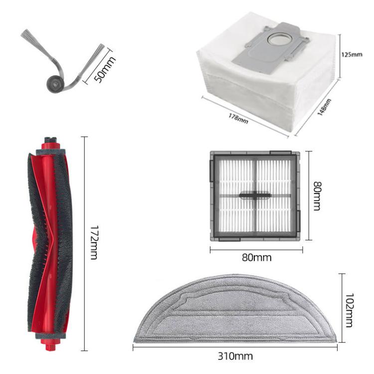 Robot vacuum replacement parts set: main brush, HEPA filter, mop pad, dust bag, side brush
