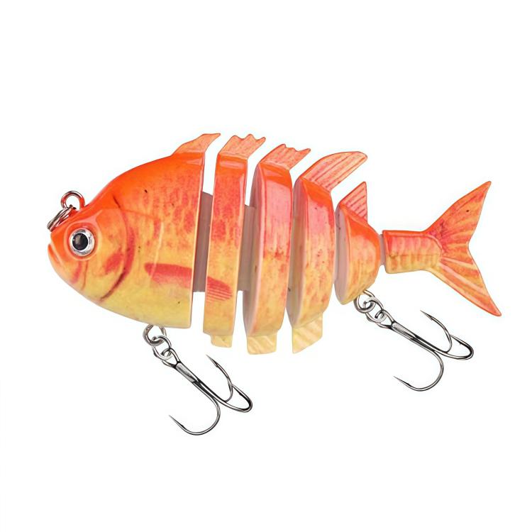 Orange and yellow 6-segment hard fishing lure with clear lip and treble hooks