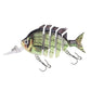 Green and silver 6-segment hard fishing lure with clear lip and treble hooks