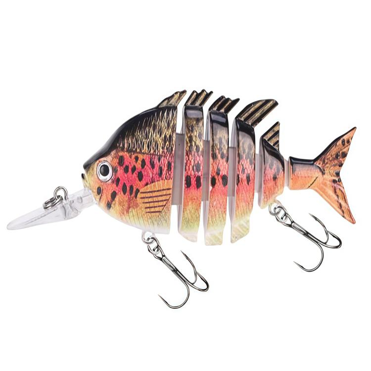 Red and gold 6-segment hard fishing lure with clear lip and treble hooks
