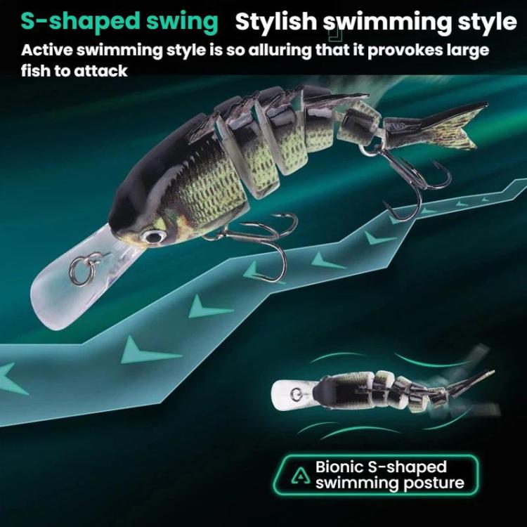 Green patterned multi-segment hard fishing lure with clear lip and treble hooks