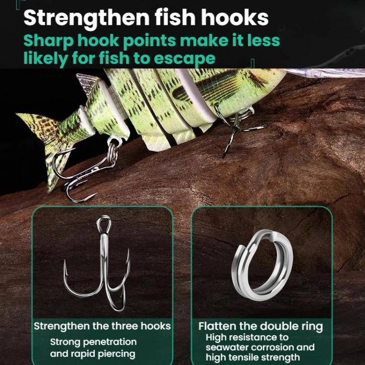 6-segment sinking hard bait lure with green stripes and treble hooks, double ring