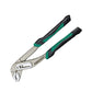 Adjustable water pump pliers with angled head, green accents, black handles