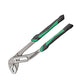 Adjustable water pump pliers with long silver jaws and green-lined black grips