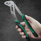 Adjustable water pump pliers held by hand, green accents on black handles