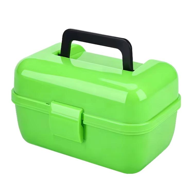 Green double-layer mini fishing tackle storage box with carry handle and clasp.