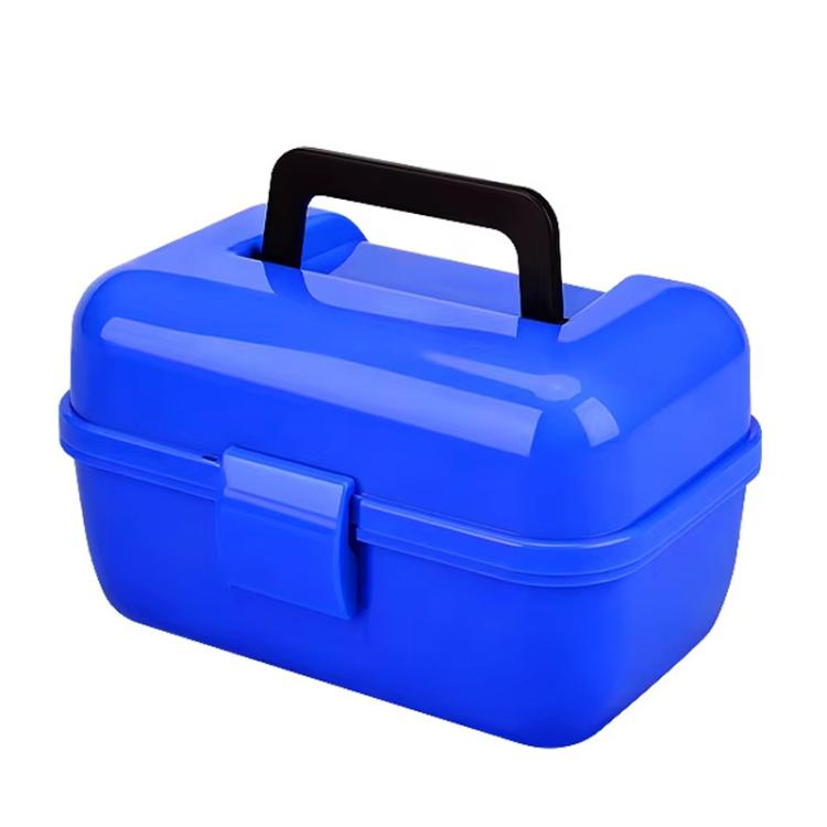Blue double-layer mini fishing tackle storage box with carry handle and clasp.