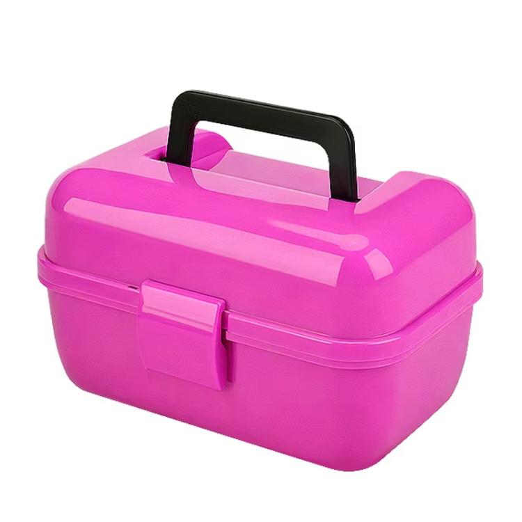 Rose pink double-layer mini fishing tackle storage box with carry handle and clasp.