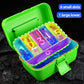 Open green mini tackle box with molded compartments for lures and small gear.