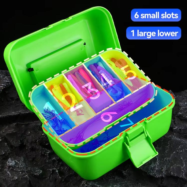 Open green mini tackle box with molded compartments for lures and small gear.