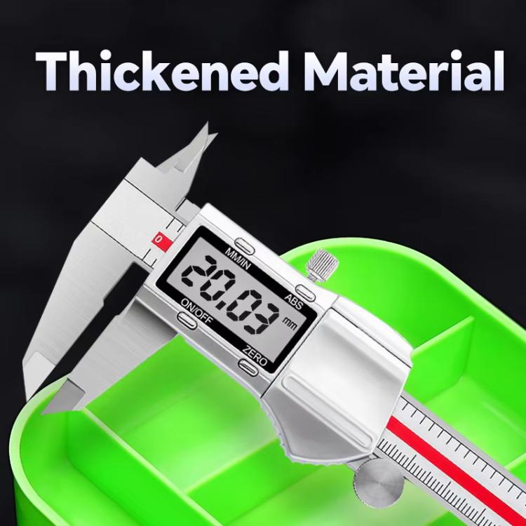 Thickened green mini tackle box interior shown with caliper for material thickness.