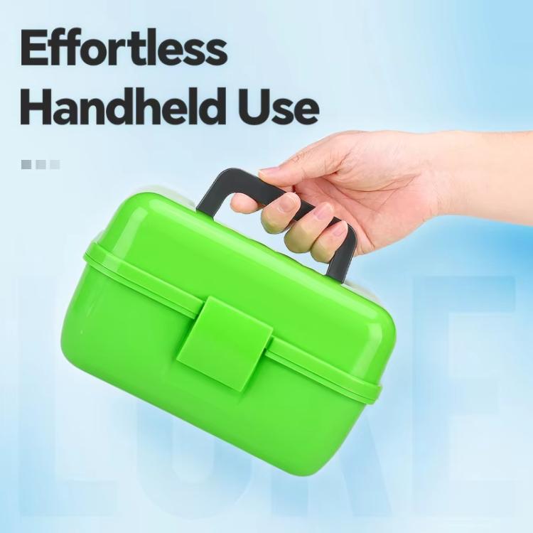 Green mini fishing tackle storage box held by the carry handle for handheld use.