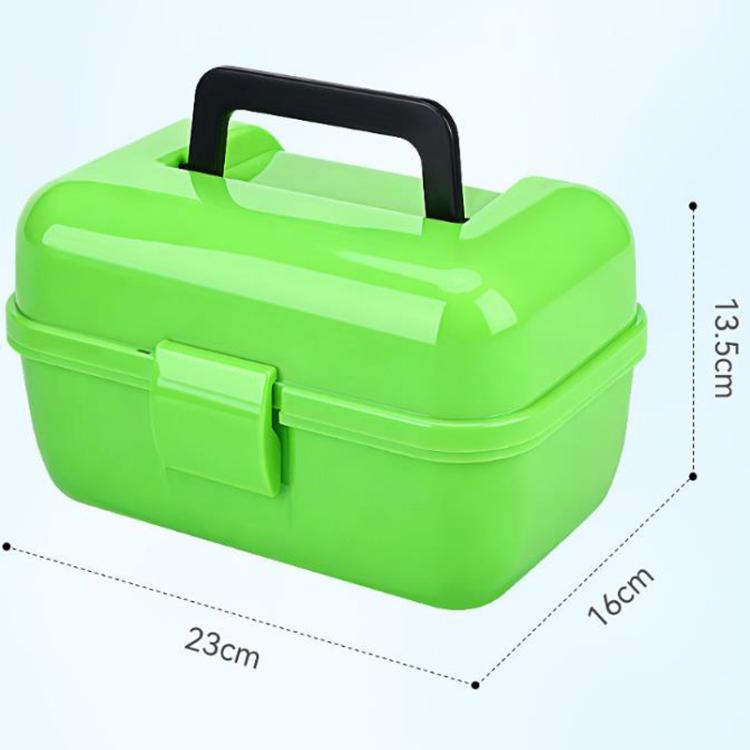 Green mini fishing tackle storage box with top handle and front latch, compact size.