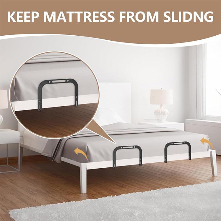 Adjustable metal mattress stopper baffle set installed on bed frame, black U-shaped rails