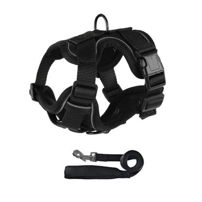 Black dog vest harness with adjustable straps and matching leash strap set