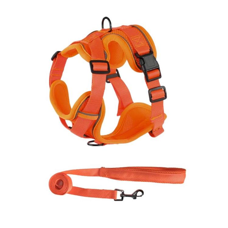 Orange dog vest harness with adjustable straps and matching leash strap set