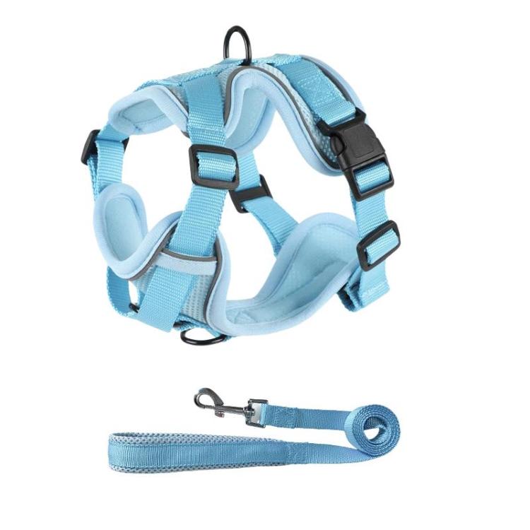 Blue reflective dog vest harness set with leash and adjustable buckles