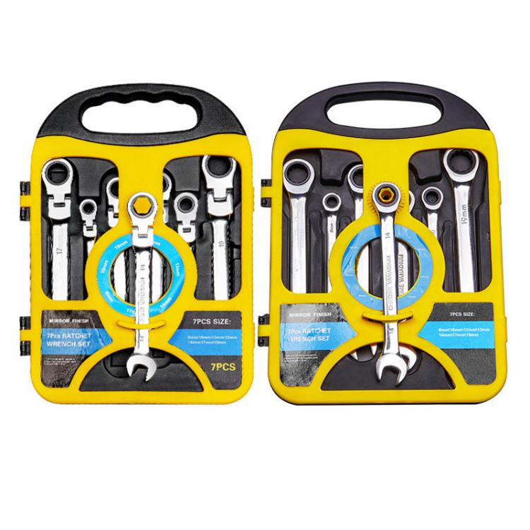 7-piece dual-drive ratchet wrench set shown in two views with wrenches in case