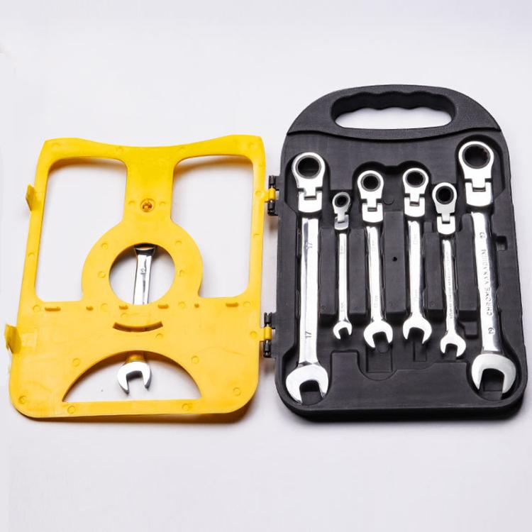 7-piece dual-drive ratchet wrench set with yellow case and chrome wrenches inside