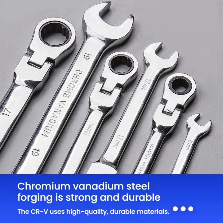 Close-up of chrome ratchet wrenches with ring open ends and size markings